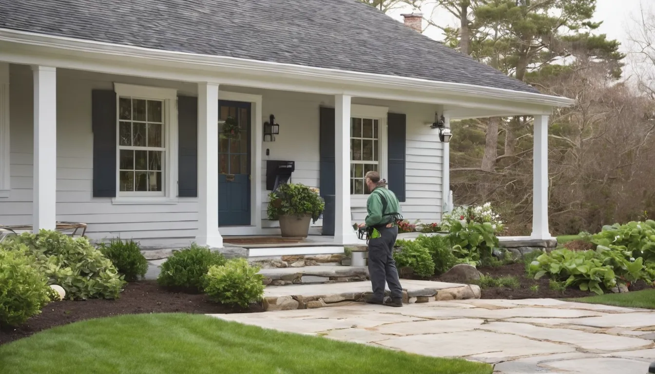 Friendly pest control provider talking with a homeowner at the front door of a Cape Cod style home in Economy